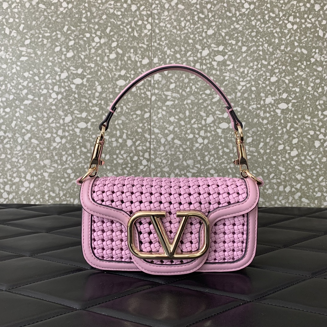 Valentino Garavani Loco Small Shoulder Bag in Pink Metallic Woven Leather